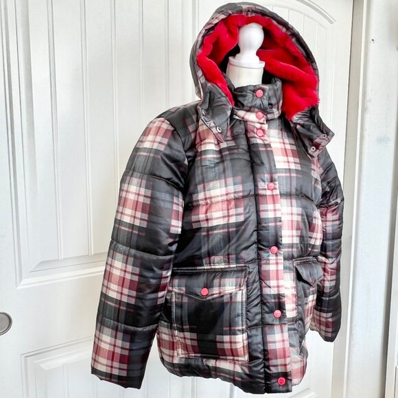 Urban Republic Women's Black & Red Plaid Faux Fur-Lined Hooded Puffer Jacket- Lg - Picture 5 of 12